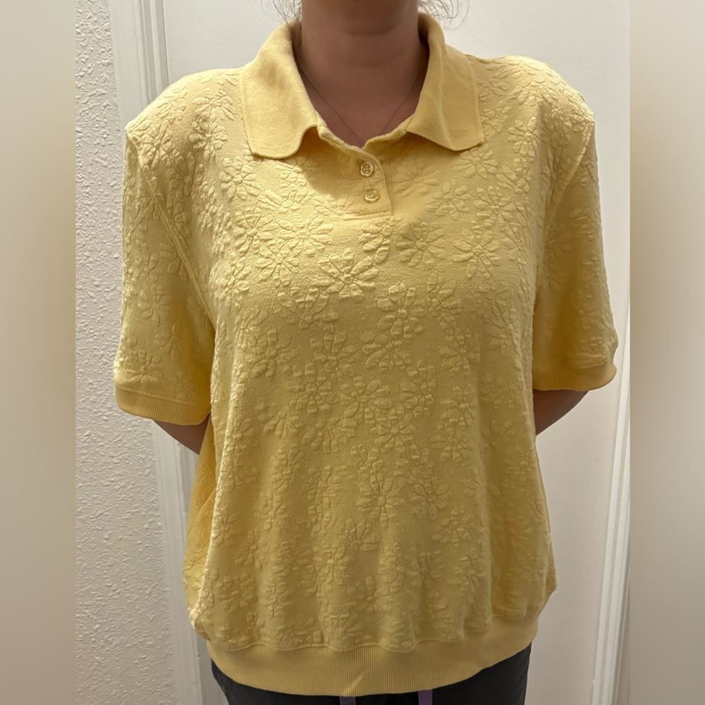 Alfred Dunner Yellow Polo Top Boxy Ribbed Collar